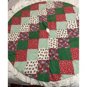 Vintage Handmade Christmas Patchwork Quilted Ruffle Hem Large Tree Skirt‎ 60"